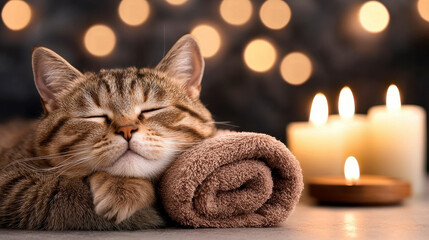 white fluffy cat enjoying spa treatment. Pampered feline luxuriates in a soothing wellness session a delightful experience of gentle care and rejuvenation for a pristine pet.
