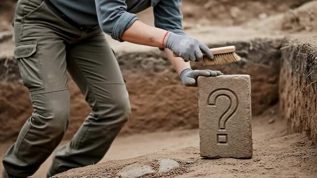 Female archaeologist carefully brushes a newly unearthed stone artifact carved with a question mark at an excavation site, symbolizing historical mystery and archaeological discovery