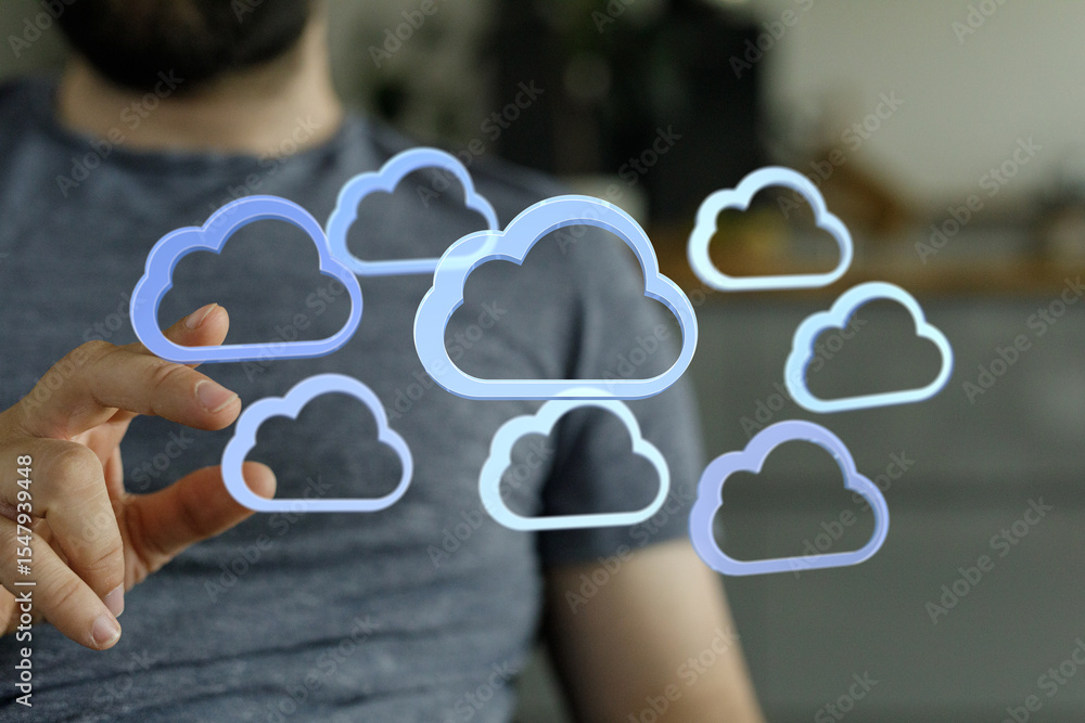Poster a person interacts with digital cloud icons, representing data storage and cloud services.