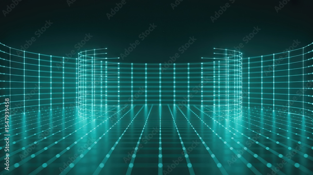 Poster dynamic digital grid formation virtual studio visual content futuristic environment wide-angle view 