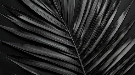 Close-up of a palm leaf with detailed veins and texture, displayed in a monochrome black and gray palette.