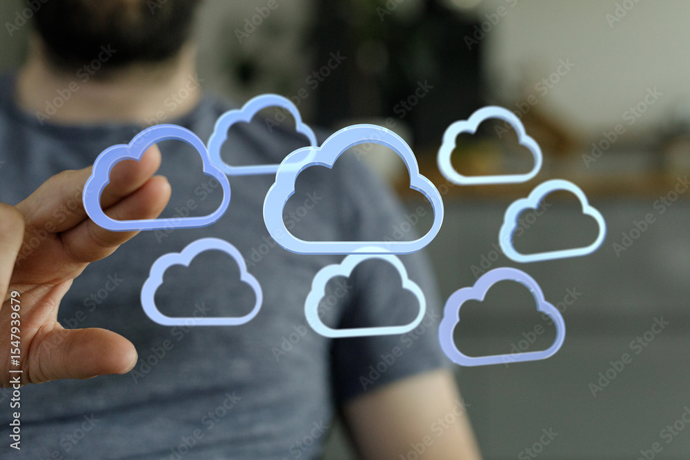 Poster A man interacts with digital cloud icons, symbolizing cloud computing, data storage, and network technology.