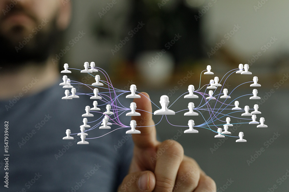 Aufkleber image of a hand interacting with a digital network of interconnected people, symbolizing global comm