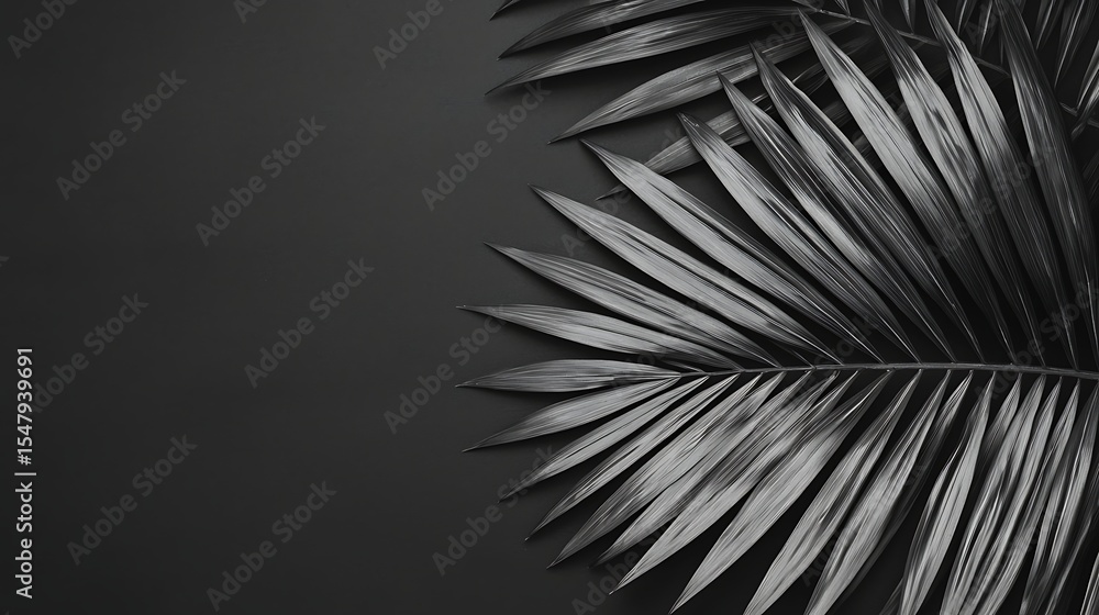 Poster dark, monochrome image featuring glossy palm leaves on a black background with sharp details and met