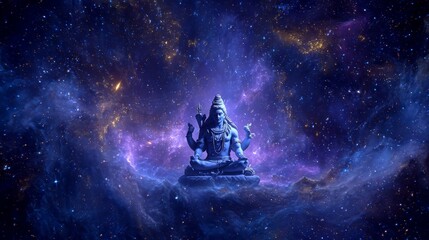 Hindu god shiva meditation in cosmic space with nebula and stars