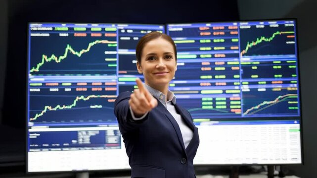 Confident professional standing in front of financial charts, showcasing expertise in stock market analysis., with upward-moving charts representing profitable opportunities.