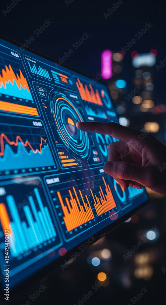 Poster close-up of a hand interacting with a digital screen displaying graphs and charts, symbolizing data 