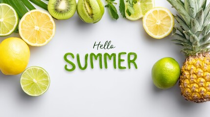 Hello summer with fresh citrus and pineapple fruits on white background