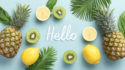 Tropical fruit arrangement with pineapples, lemons, kiwis, and palm leaves on light blue background