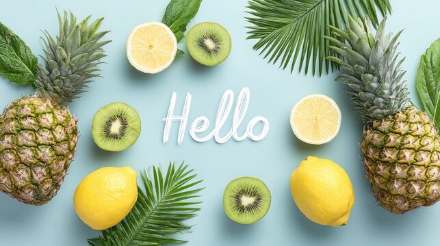 Tropical fruit arrangement with pineapples, lemons, kiwis, and palm leaves on light blue background