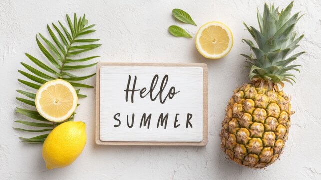 Hello summer sign with pineapple, lemon, and greenery on light background