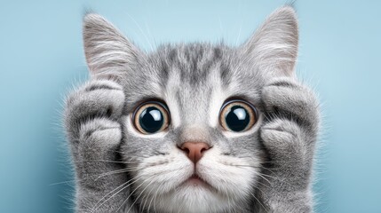 Adorable gray tabby kitten with wide eyes and paws on cheeks against light blue background