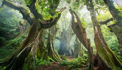 magical fantasy forest with giant trees background banner