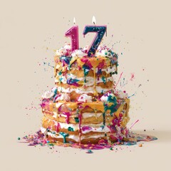 Vibrant 17th birthday cake with colorful paint splashes and lit candles