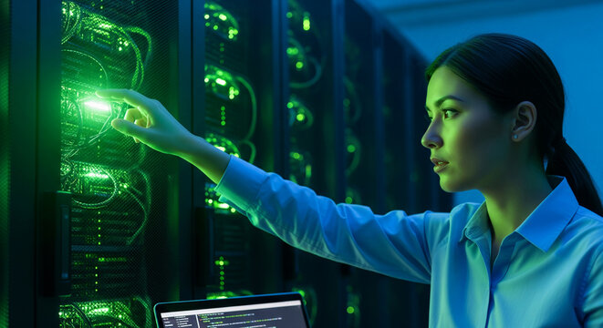 Woman's hand interacting with glowing green server rack, showcasing technology, innovation, and data processing in a modern data center