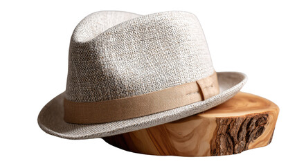 Stylish Hat on Wooden Base: A timeless hat with a neutral band rests elegantly on a wooden base, showcasing the hat's texture and classic design.