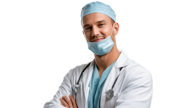 Confident Healthcare Professional: A medical professional, donned in surgical attire and a stethoscope, exudes assurance and dedication, embodying the essence of modern healthcare and patient care.
