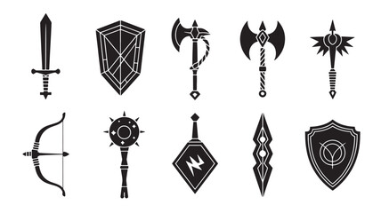Black And White Line Art Illustration Of Fantasy Weapons And Shields Including Sword Axe Bow Mace And More