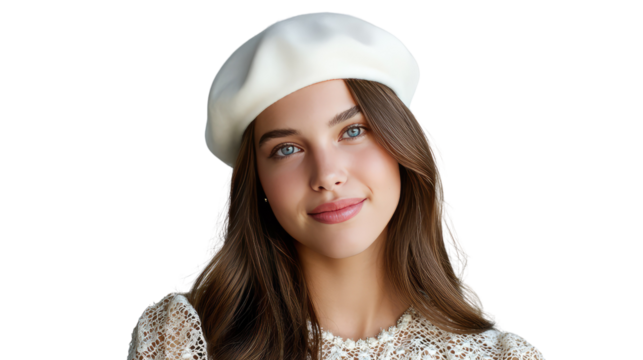 Charming Woman in Beret: A captivating portrait of a woman wearing a stylish beret, her natural beauty and elegance radiate through her warm expression and the soft light that frames her face.