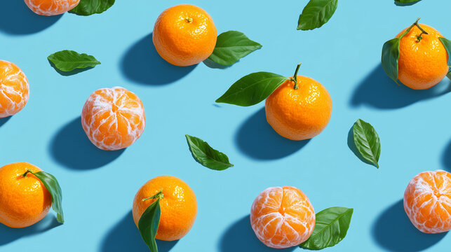Blue background with scattered tangerine and clementine fruits in a lively pattern.

