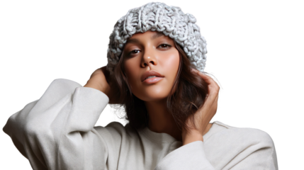 Warmth Embraced: A woman exudes cozy sophistication in a chunky knitted beanie, set against a backdrop, capturing a sense of winter elegance.