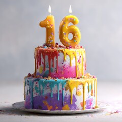 Colorful two-tier drip birthday cake with sprinkles and number 16 candles