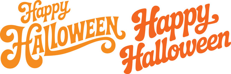 Cute Colorful Happy Halloween Typography Art, isolated on white background. Happy Halloween in orange and pink red lettering with curls, bats, and pumpkins. Happy Halloween in black. Vector Art.
