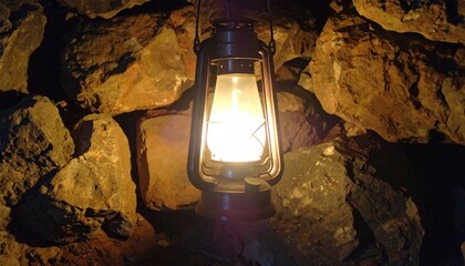 Burning Oil Lamp with Rock Wall, Dark Cave, and Light.