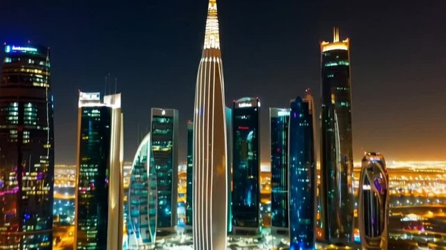 Drone hyperlapse of King Abdullah Financial District ( KAFD ) at night, Riyadh city, Saudi Arabia, Generative AI