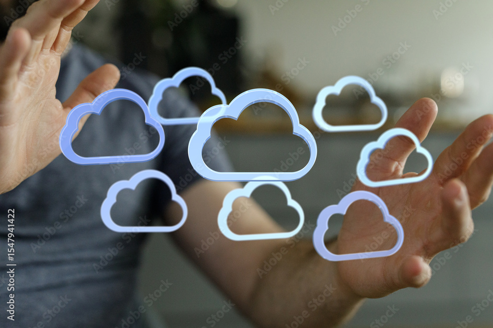 Poster Person interacting with digital cloud icons, symbolizing cloud computing, data storage, and networking.