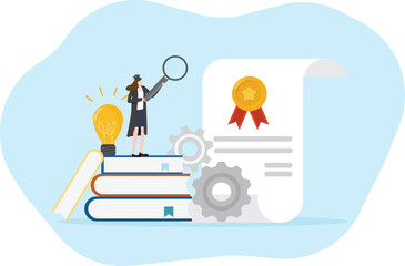 Education and graduation concept. Student Searching study or research, approach knowledge. University diploma E-learning course. Online learning graduation certification illustration flat vector.