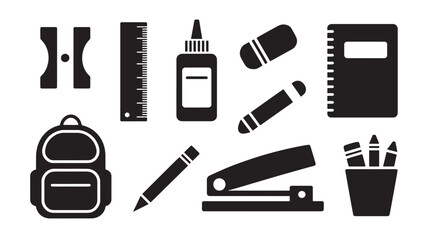 Black And White Line Art Illustration School Supplies Pencil Crayons Ruler Glue Backpack Sharpener Stapler
