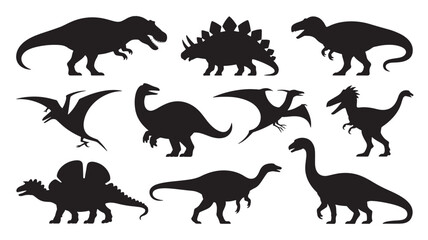 Black And White Line Art Illustration Ten Dinosaur Silhouettes Triceratops Stegosaurus Tyrannosaurus