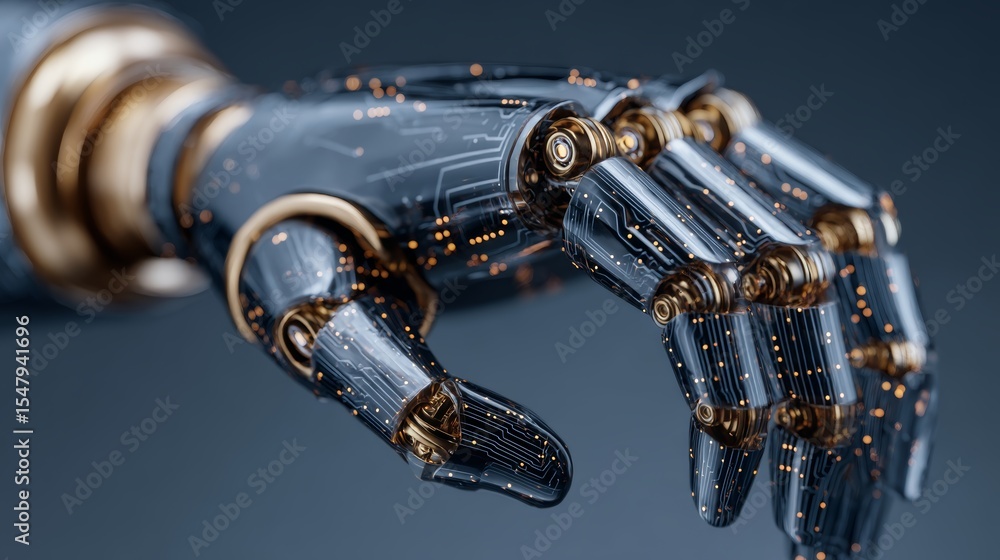 Poster futuristic cybernetic hand with circuit patterns and mechanical joints