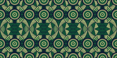 African ethnic traditional green pattern.seamless beautiful Kitenge, chitenge, Ankara style. cricle fashion design in colorful. Geometric circle motif. Curvy wave Ankara prints, African wax prints.
