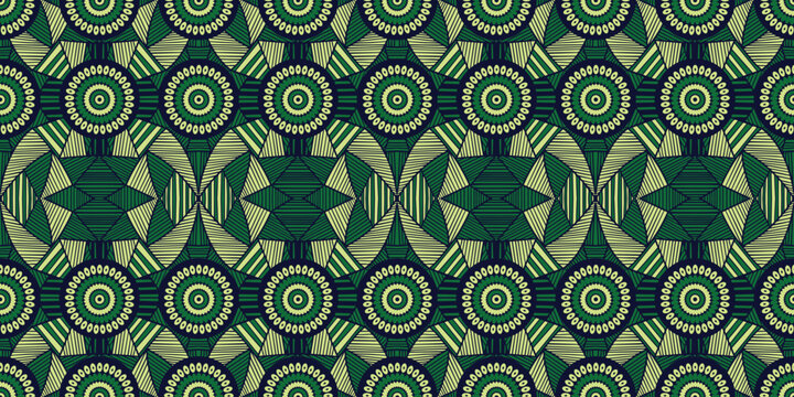 African ethnic traditional green pattern.seamless beautiful Kitenge, chitenge, Ankara style. cricle fashion design in colorful. Geometric circle motif. Curvy wave Ankara prints, African wax prints.
