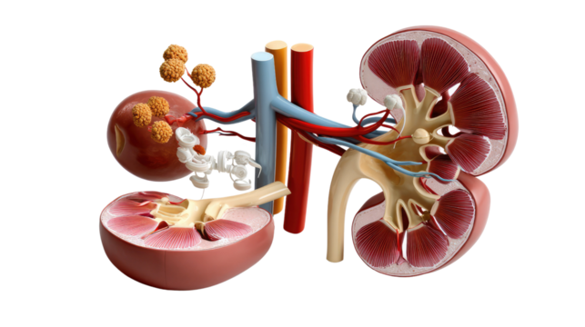 Anatomical Kidney Illustration: A detailed medical illustration unveils the intricate structure of a kidney, showcasing its internal components and renal functions in precise anatomical detail.