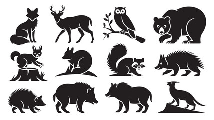 Black and White Line Art Wildlife Icons Set Fox Deer Owl Bear Raccoon Squirrel Hedgehog Wild Boar Porcupine Dinosaur