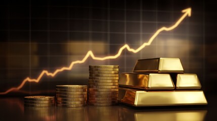 Shiny gold bullions stacked in foreground with financial growth chart in background representing investment, wealth accumulation, and economic profit increase in selective focus composition