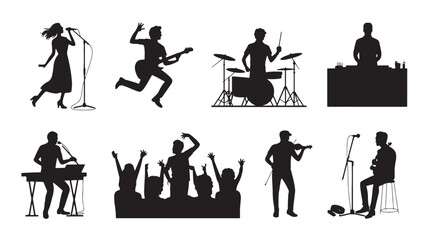 Black And White Silhouette Illustrations Of Musicians Band Concert Performers Singer Guitarist Drummer Keyboard