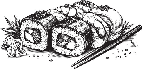 Obraz premium Japanese Cuisine: Sushi Plate Engraving