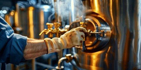 Brewer opening valve of tank during beer fermentation process