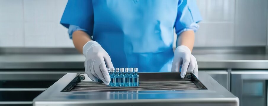 Vaccines clinical distribution concept. Medical professional handling test tubes in a laboratory setting.