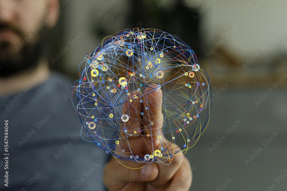 Poster Abstract image of a hand interacting with a digital network. Represents connection, technology, and global communication.