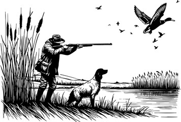 Duck Hunting: A Hunter and His Loyal Dog by the Lake. Detailed black and white illustration depicts a hunter aiming his rifle at flying ducks, accompanied by his dog in a serene marshland setting.