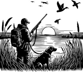 Sunset Duck Hunt: A Hunter and His Loyal Dog. Captivating black and white illustration depicts a hunter and his dog by a lake at sunset, as ducks fly overhead, embodying the spirit of the hunt.