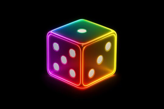 Colorful neon dice illuminated against a dark background creating a captivating visual effect
