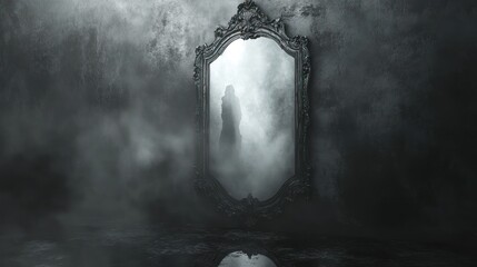 A shadowy figure reflected in an antique mirror within a dark, misty room