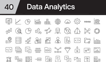 Collection of forty data analytics line icons on white background