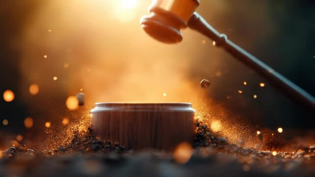 Justice, Law, Court Gavel strike, wood sound block, fragments scatter. Authoritative ruling, immense legal power, decisive moment.